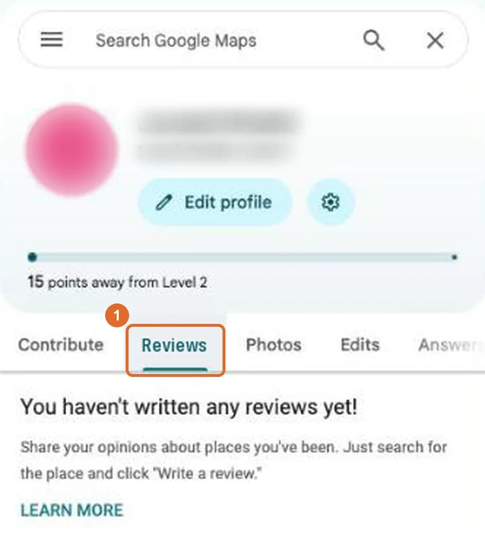 Your contributions panel in Google Maps with the Reviews tab highlighted, next to Contribute, Photos and Edits