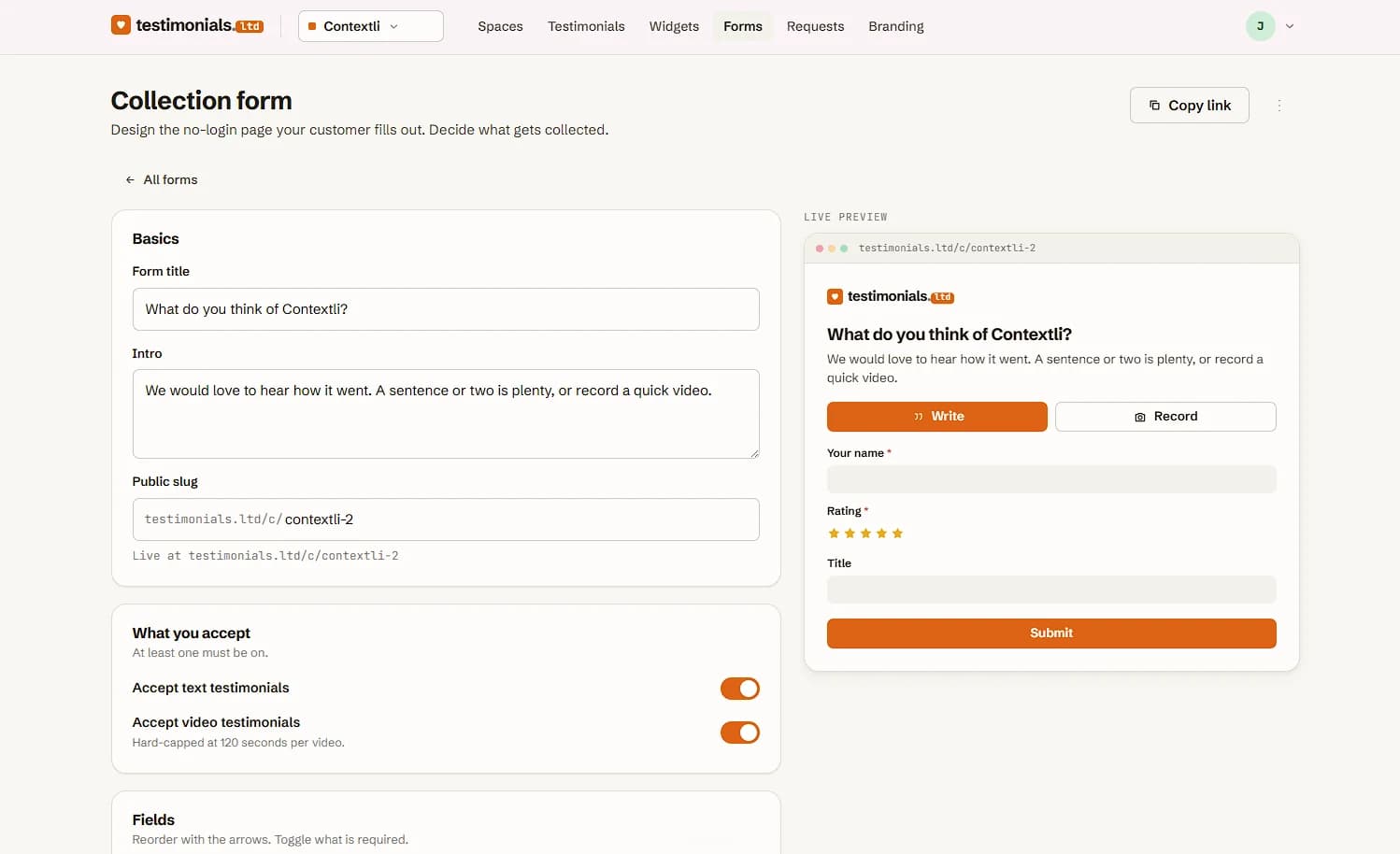 The testimonials.ltd collection form editor with the form title, intro and public link on the left, text and video toggles below, and a live preview of the no-login form on the right