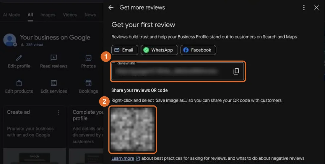 Google Business Profile Get more reviews dialog with the review link field and the review QR code highlighted
