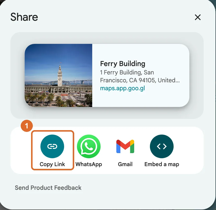 Google Maps Share dialog for a business, with the Copy Link button highlighted
